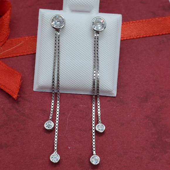 Silver 925 Dangling Box Chain with CZ Earrings - Picture 1 of 10